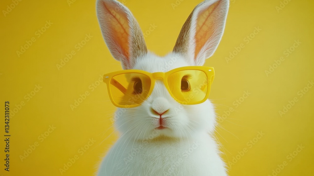 Fototapeta premium A white rabbit wearing yellow sunglasses against a yellow background