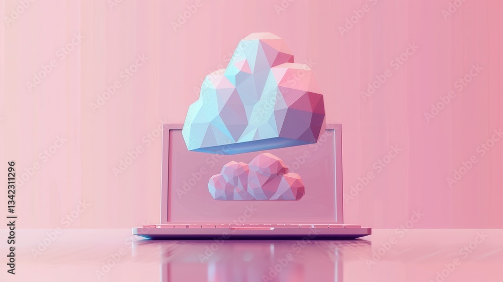 Geometric cloud floats above a minimalist laptop cloud backup concept soft pastel tones simple gradient background. Geometric cloud floats above a minimalist laptop cloud backup concept soft pastel tones simple gradient background.