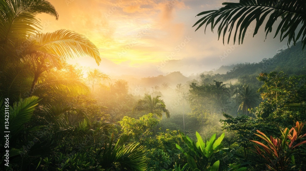 Lush jungle landscape at sunrise, showcasing vibrant flora and misty mountains. Lush jungle landscape at sunrise, showcasing vibrant flora and misty mountains.