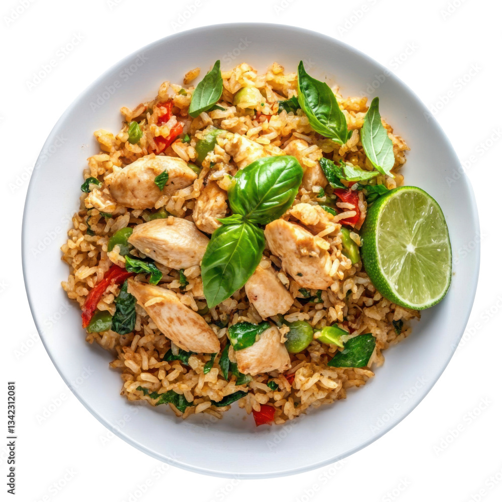 Delicious Plate of Fried Rice with Egg, Chicken and Vegetables Isolated on a Transparent Background