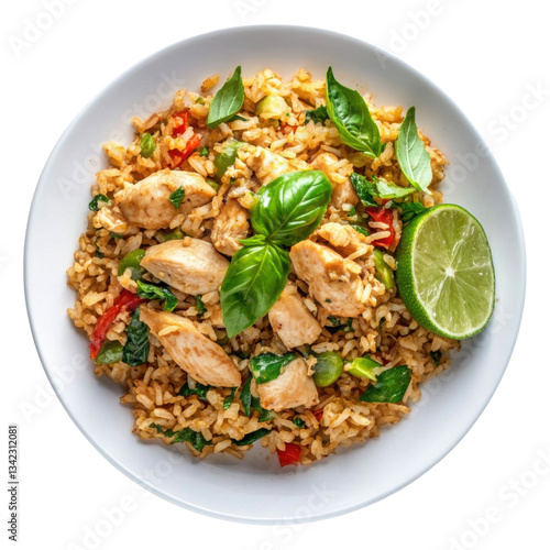 Obraz na płótnie Delicious Plate of Fried Rice with Egg, Chicken and Vegetables Isolated on a Transparent Background
w salonie