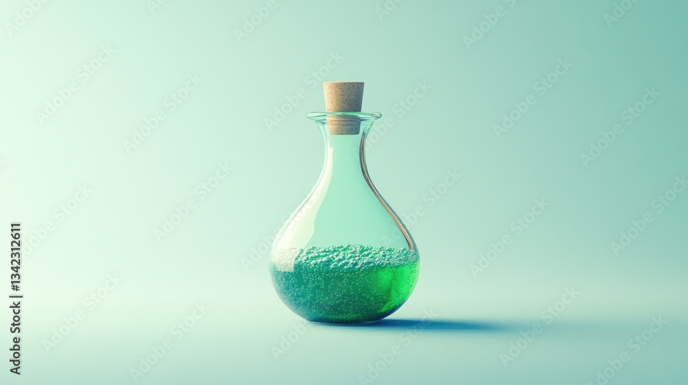 A glass bottle containing bubbling green liquid and a cork stopper A glass bottle containing bubbling green liquid and a cork stopper