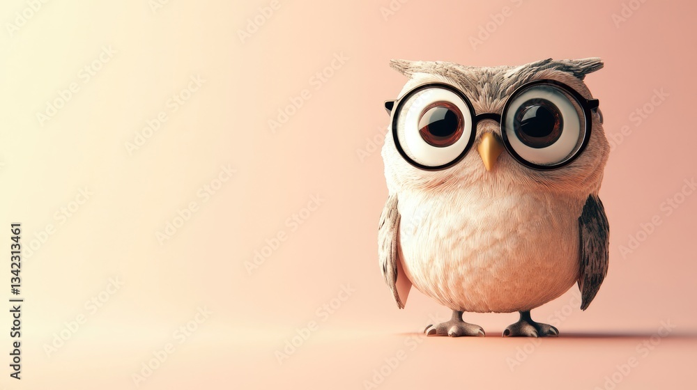 An adorable small owl wearing glasses on a soft pink background An adorable small owl wearing glasses on a soft pink background
