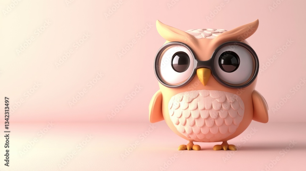 Obraz premium A cartoon owl wearing glasses sits on a pink background