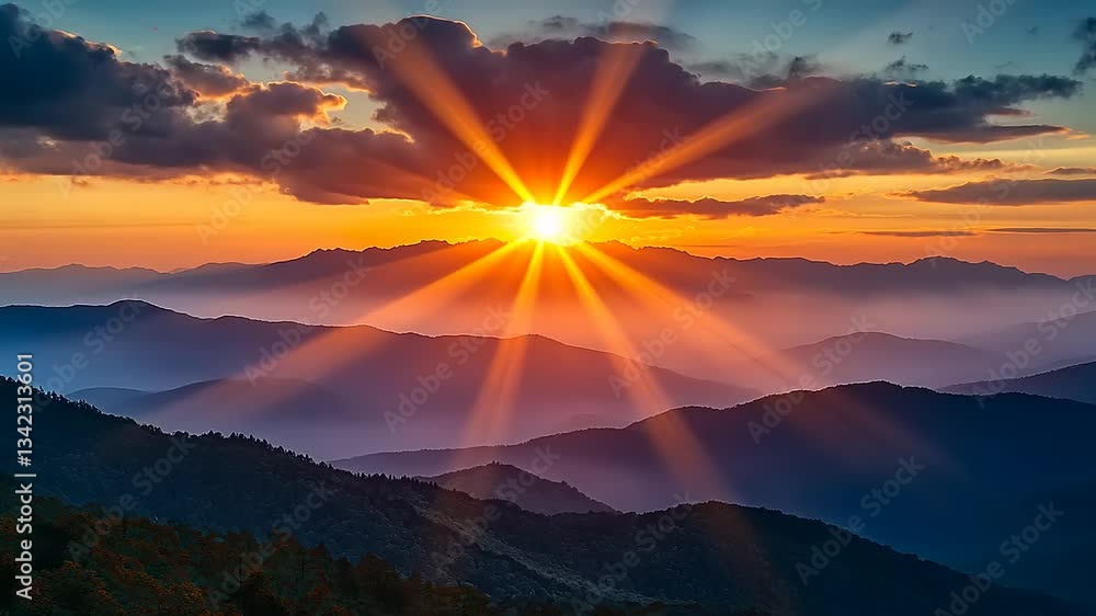 Vibrant sunset over mountain range with rays of light illuminating the valleys and clouds Vibrant sunset over mountain range with rays of light illuminating the valleys and clouds