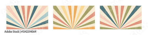 Vintage retro sunburst background. Abstract radial striped pattern in pastel colors with grunge texture. Old-fashioned design, decorative art, nostalgia, aesthetic, geometric, distressed, faded.