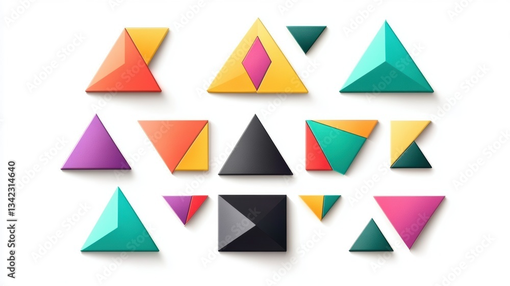 Colorful Geometric Shapes Composition with Triangles, Squares, and Rhombuses in Various Colors on a White Background Colorful Geometric Shapes Composition with Triangles, Squares, and Rhombuses in Various Colors on a White Background