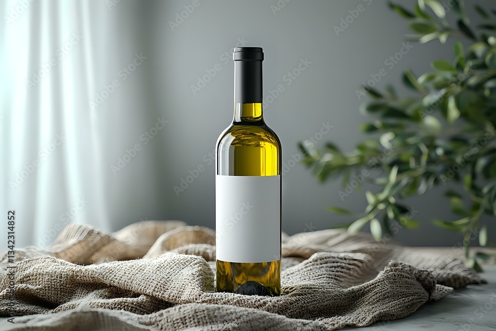 Naklejka premium Wine bottle with blank white label on natural linen tablecloth against soft gray background with olive tree branch, minimalist product photography setup.