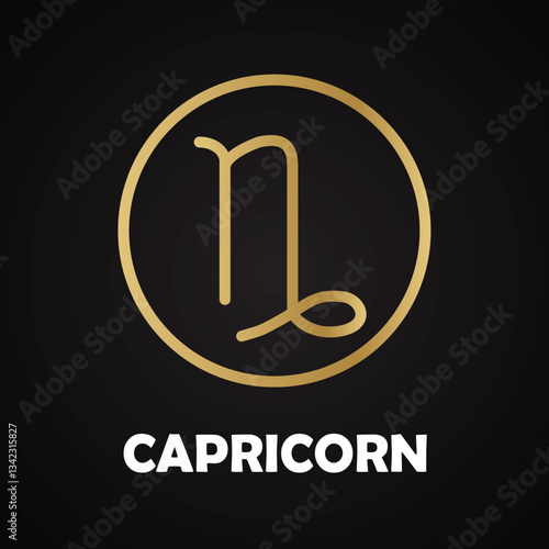 Golden linear zodiac sign Capricorn in golden circled frame with white lettring isolated on dark background.	
