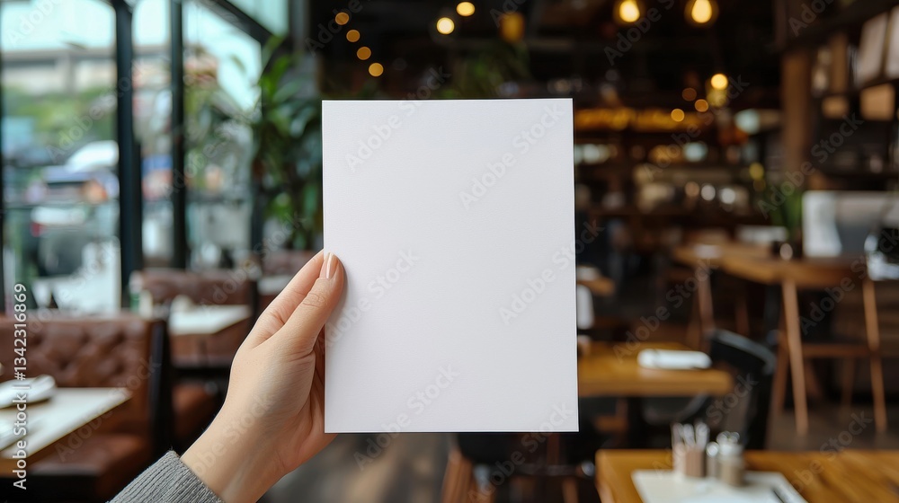 Person holds blank restaurant menu mock-up. Empty paper sheet ready for menu design. Cafe interior blurred background. Person potentially graphic designer restaurant owner. Mockup suitable for menu Person holds blank restaurant menu mock-up. Empty paper sheet ready for menu design. Cafe interior blurred background. Person potentially graphic designer restaurant owner. Mockup suitable for menu