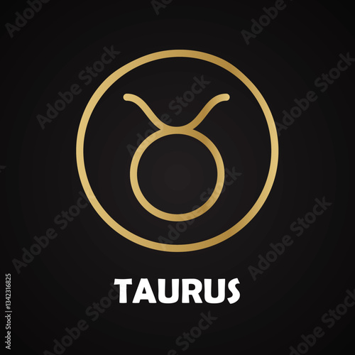 Golden linear zodiac sign Taurus in golden circled frame with white lettring isolated on dark background.	
