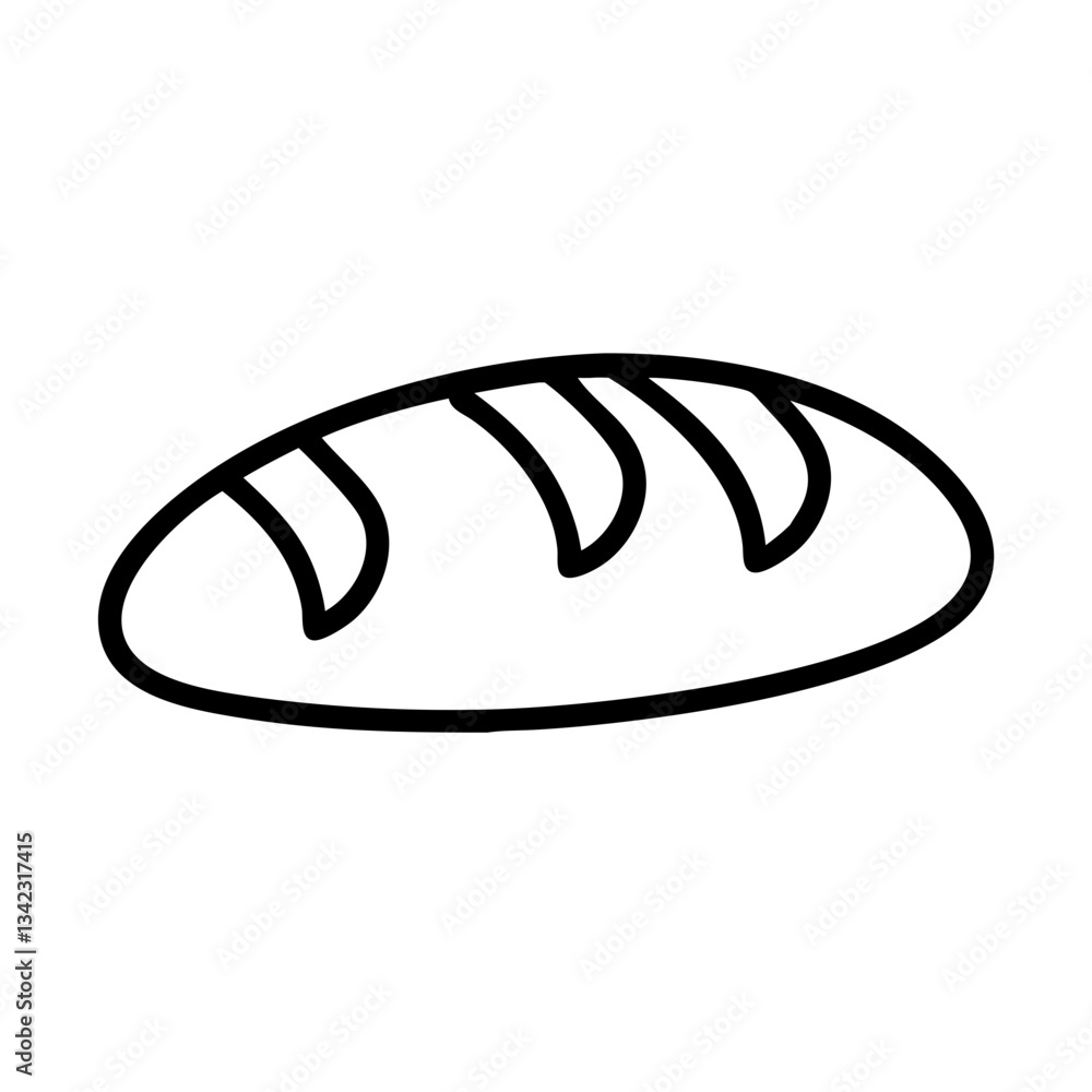 an illustration of a loaf of bread with a simple line art style. The bread has a dark outline and three curved lines on its top, hinting at cuts an illustration of a loaf of bread with a simple line art style. The bread has a dark outline and three curved lines on its top, hinting at cuts