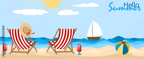 Relaxing summer beach with deck chairs, refreshments, and a sailboat under a bright sun