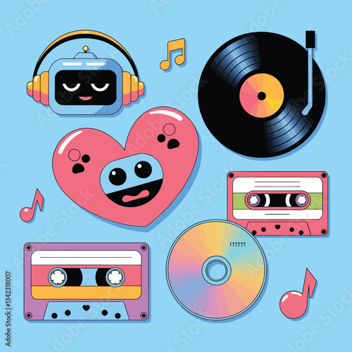 2d vector illustration icon cool entertainment cartoon character  music tools (Drum , Music Note , Headphones ,Microphone , Piano , Guitar ,Record) 
