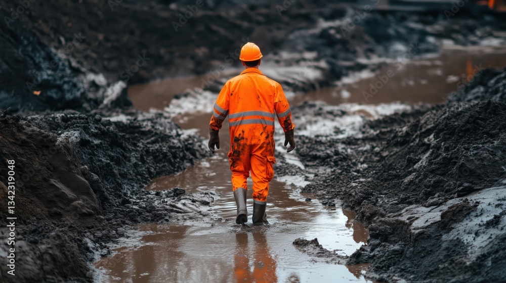 Obraz premium A determined worker in bright orange gear strides through a muddy construction site, embodying resilience and dedication in tough conditions.