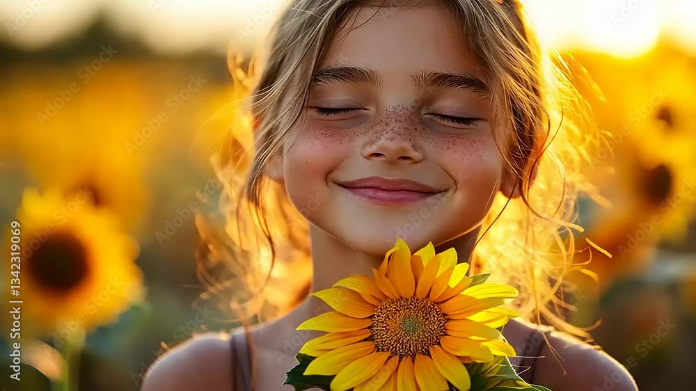 Young girl smiling with a sunflower in a vibrant field of sunflowers during sunset Young girl smiling with a sunflower in a vibrant field of sunflowers during sunset