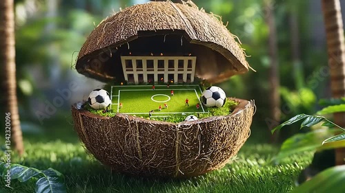 Miniature soccer field inside a coconut shell, with players in action amidst a lush tropical background