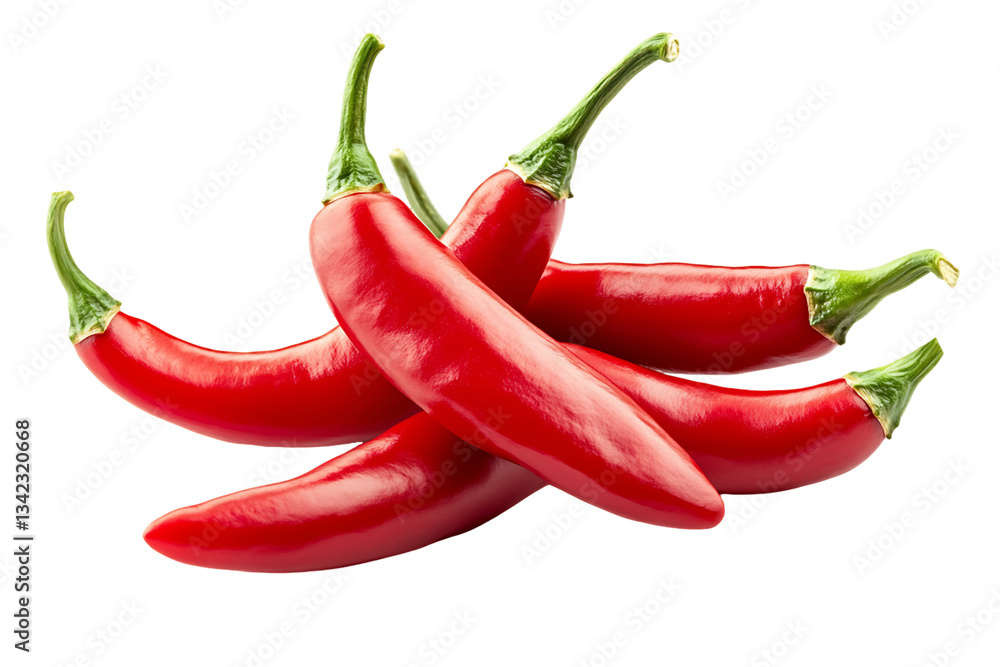 Five Red Chili Peppers With Green Stems On Transparent Background, PNG Five Red Chili Peppers With Green Stems On Transparent Background, PNG