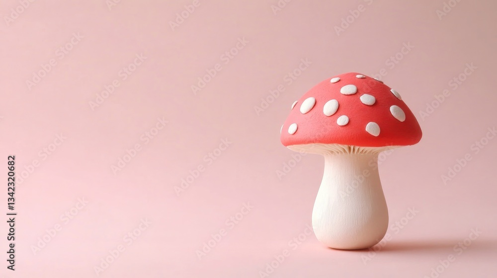 A decorative mushroom stands on a smooth and soft pink background