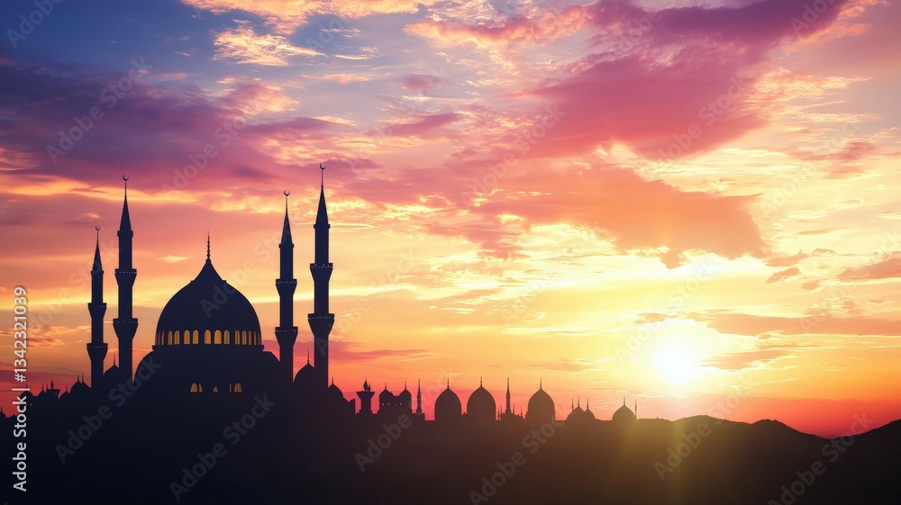 Naklejka premium A horizontal banner featuring the silhouette of a mosque against a glowing sunset gradient — peaceful, elegant, and spiritual composition with warm golden light. 