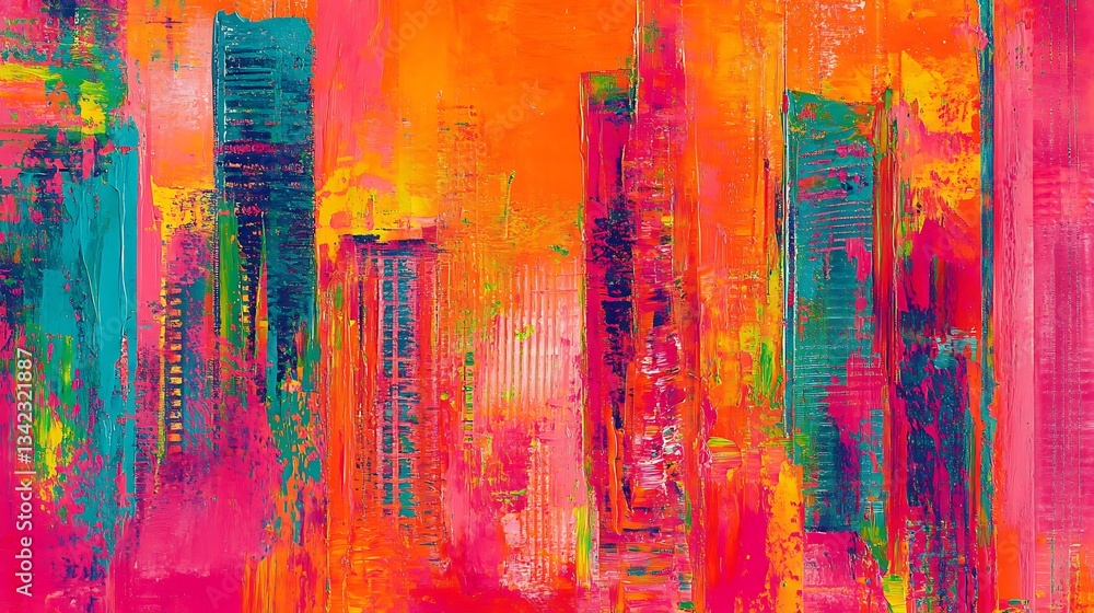Fototapeta premium Abstract Colorful Cityscape Depicted Using Various Brush Strokes And Colors