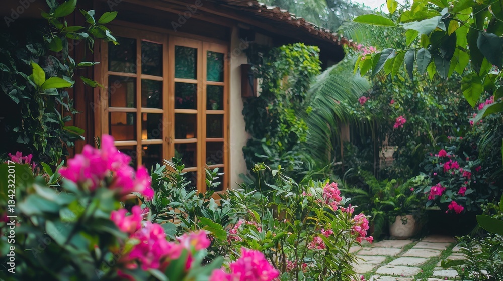 Fototapeta premium Pink flowering plant with lush green leaves in a garden setting near a house with wooden windows and patio. Copy Space.