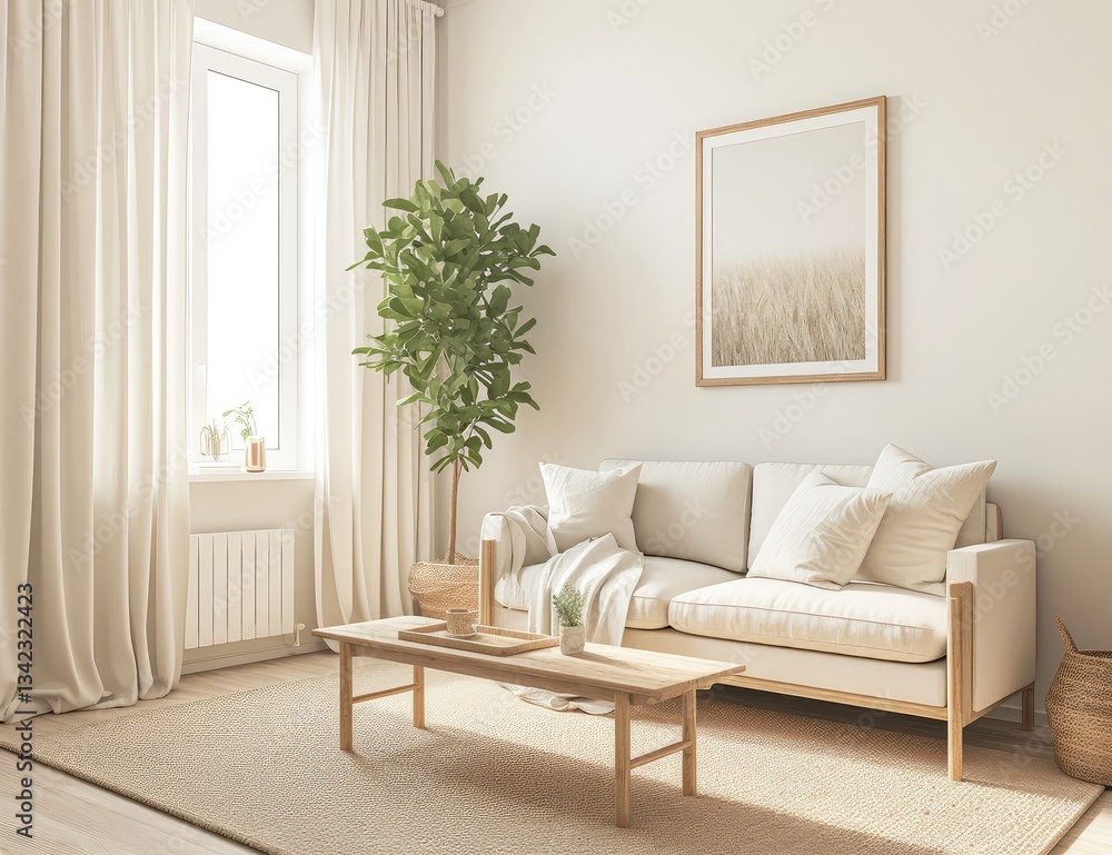 Fototapeta premium Sunny living room, beige sofa, minimalist decor, natural light, interior design