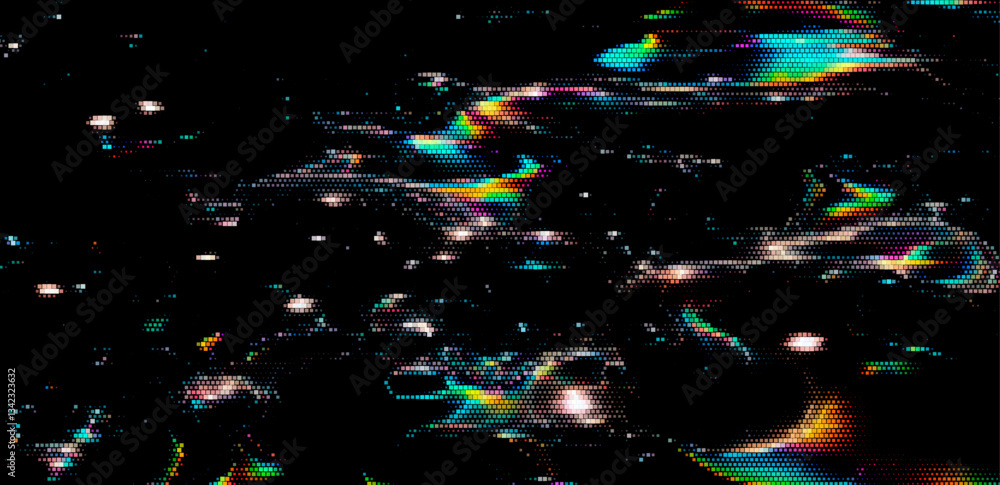 Abstract digital art depicting a pixelated, multicolored liquid pattern on a black background. The vibrant colors and glossy effects create a dynamic, iridescent appearance.