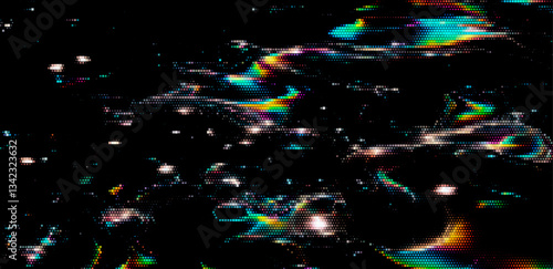 Abstract digital art depicting a pixelated, multicolored liquid pattern on a black background. The vibrant colors and glossy effects create a dynamic, iridescent appearance.