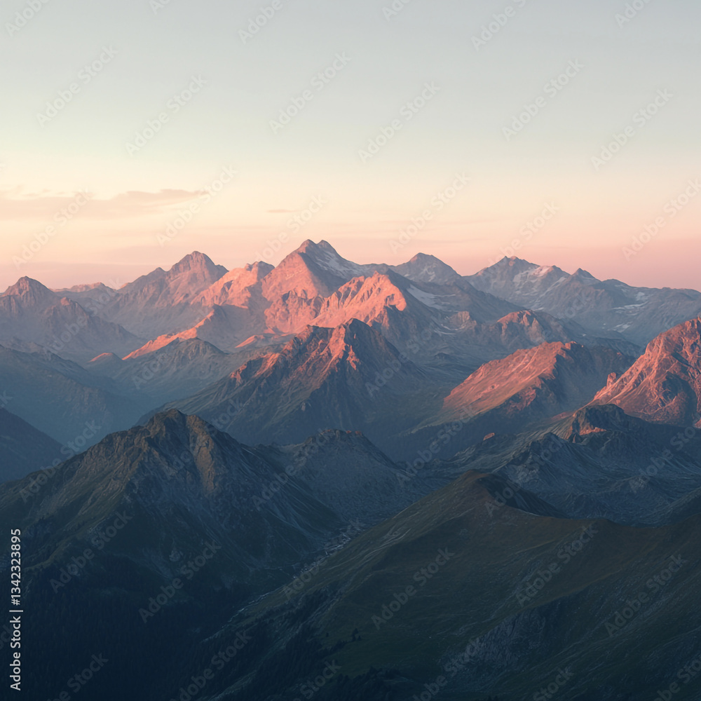 Aerial view of mountain range with pink and orange sunrise casting shadows on the peaks and valleys below Aerial view of mountain range with pink and orange sunrise casting shadows on the peaks and valleys below