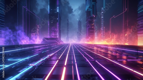 Futuristic city streetscape at night, glowing neon lines on pathway, towering structures