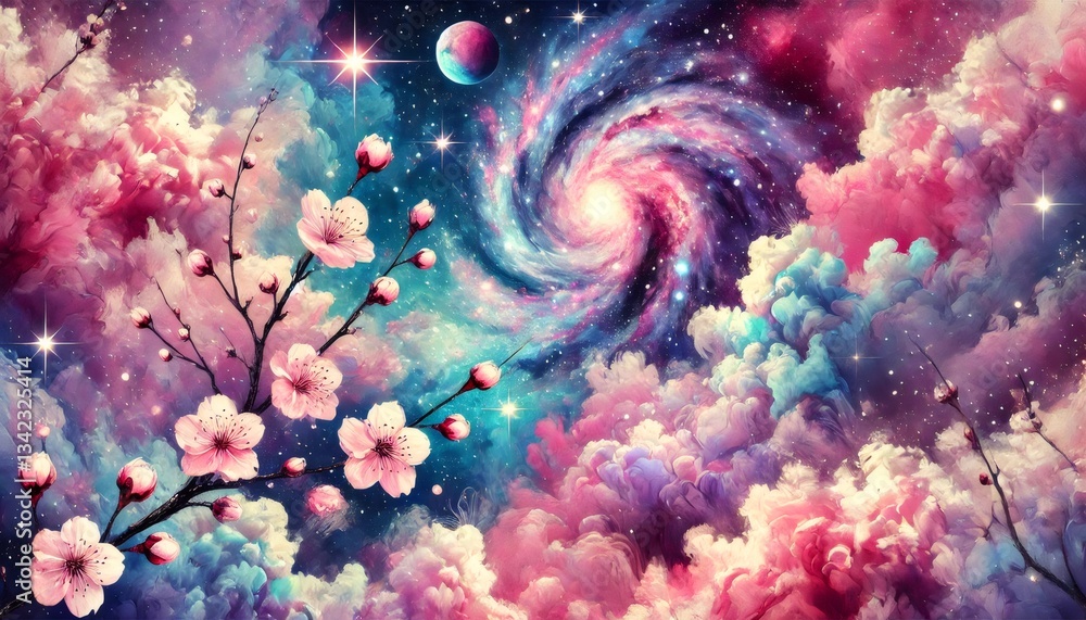 Naklejka premium Cherry blossoms adorning a cosmic watercolor pop art spring illustration