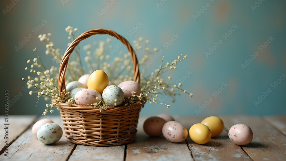 Pastel Easter Eggs in Basket, Springtime Still Pastel Easter Eggs in Basket, Springtime Still