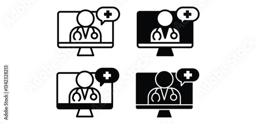 Telemedicine Computer Screen Doctor Consultation Icon Set Black and White Color Vector Design Illustration