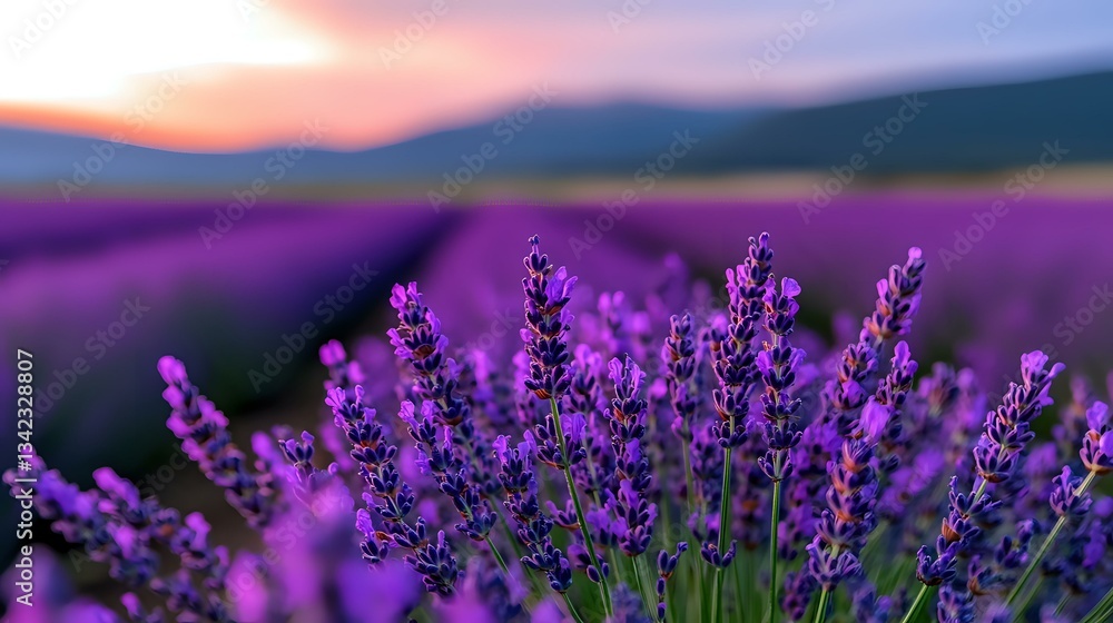 Obraz premium Vibrant purple lavender flowers in bloom against dramatic sunset sky and mountain silhouettes, creating serene natural landscape with aromatic herbs in soft evening light.