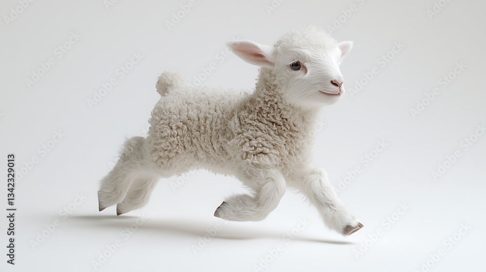 Fototapeta premium Adorable Fluffy White Lamb Leaping