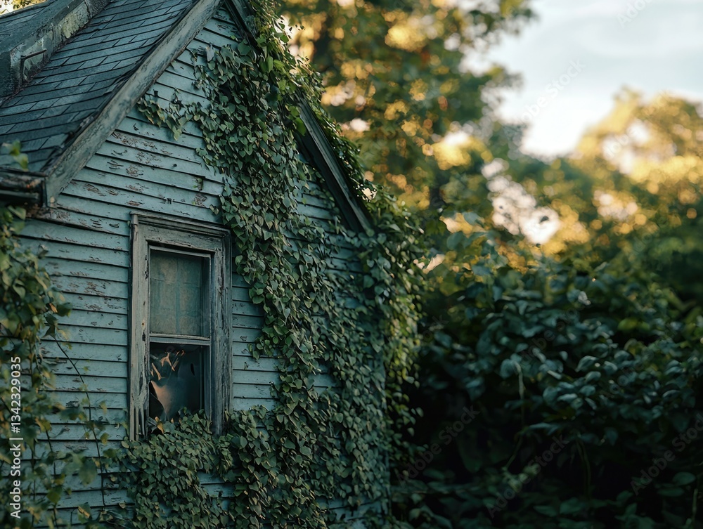 An old, weathered teal house, overtaken by lush green ivy, stands peacefully in a sun-dappled garden. An old, weathered teal house, overtaken by lush green ivy, stands peacefully in a sun-dappled garden.