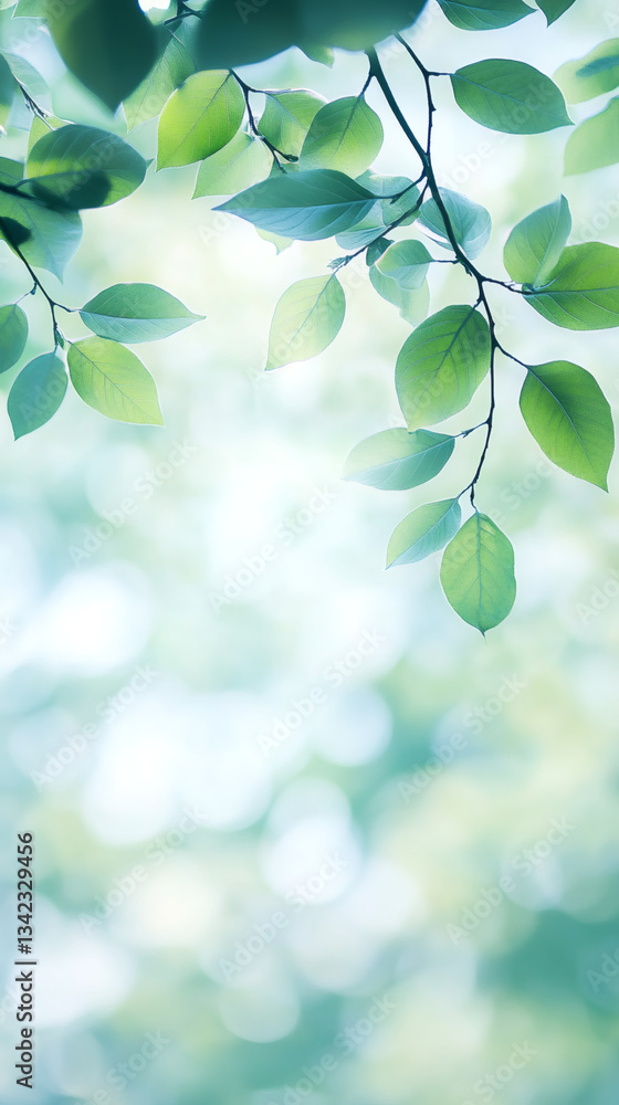Obraz premium Fresh green leaves on branches gently filtering sunlight and creating a beautiful bokeh effect, perfect for nature and spring themes