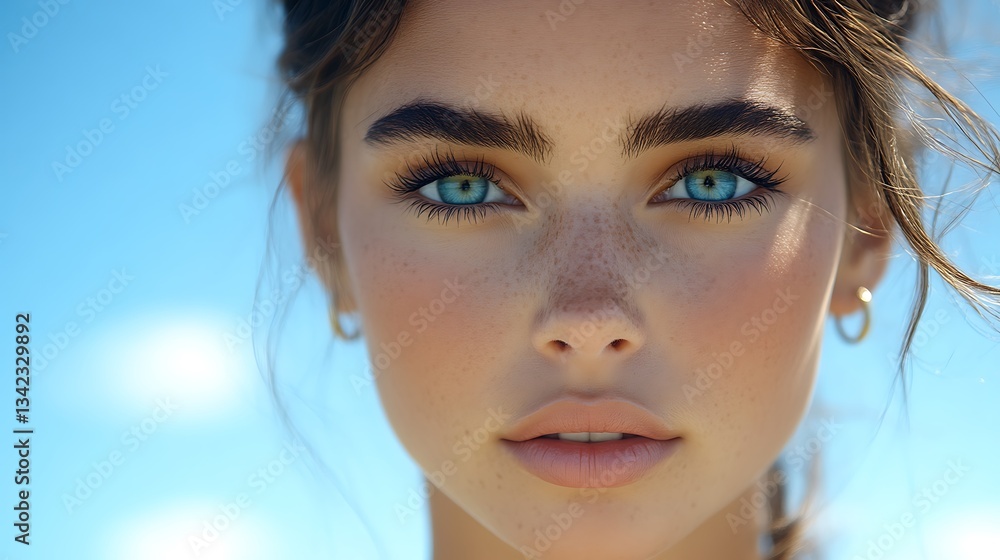 Close-up Portrait of a Woman with Striking Blue Eyes and Freckles Close-up Portrait of a Woman with Striking Blue Eyes and Freckles