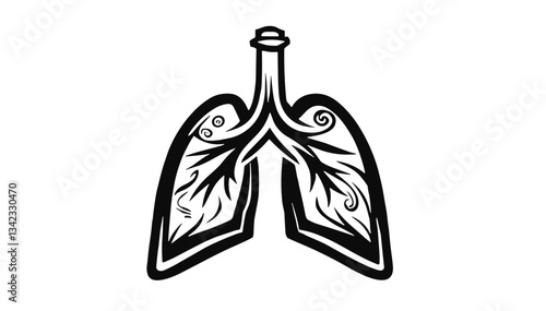 Lung illustration with leaf patterns in black and white