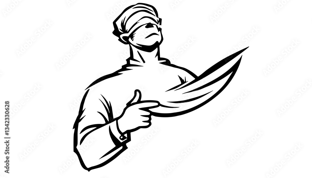 Blindfolded chef holding a large knife Blindfolded chef holding a large knife