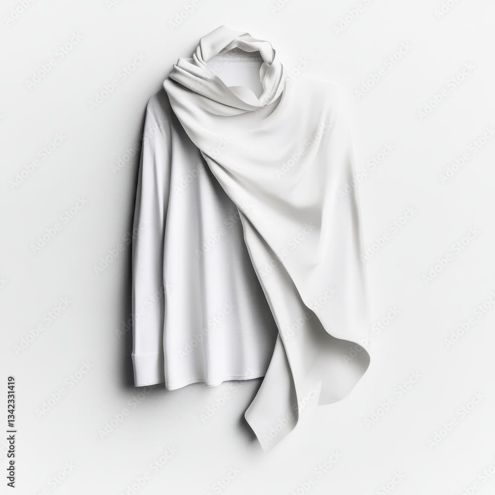 Elegant white draped top hanging against white backdrop, studio shot, minimalist aesthetic Elegant white draped top hanging against white backdrop, studio shot, minimalist aesthetic