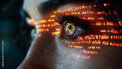 Close-up of a person's eyes with glowing, digital text