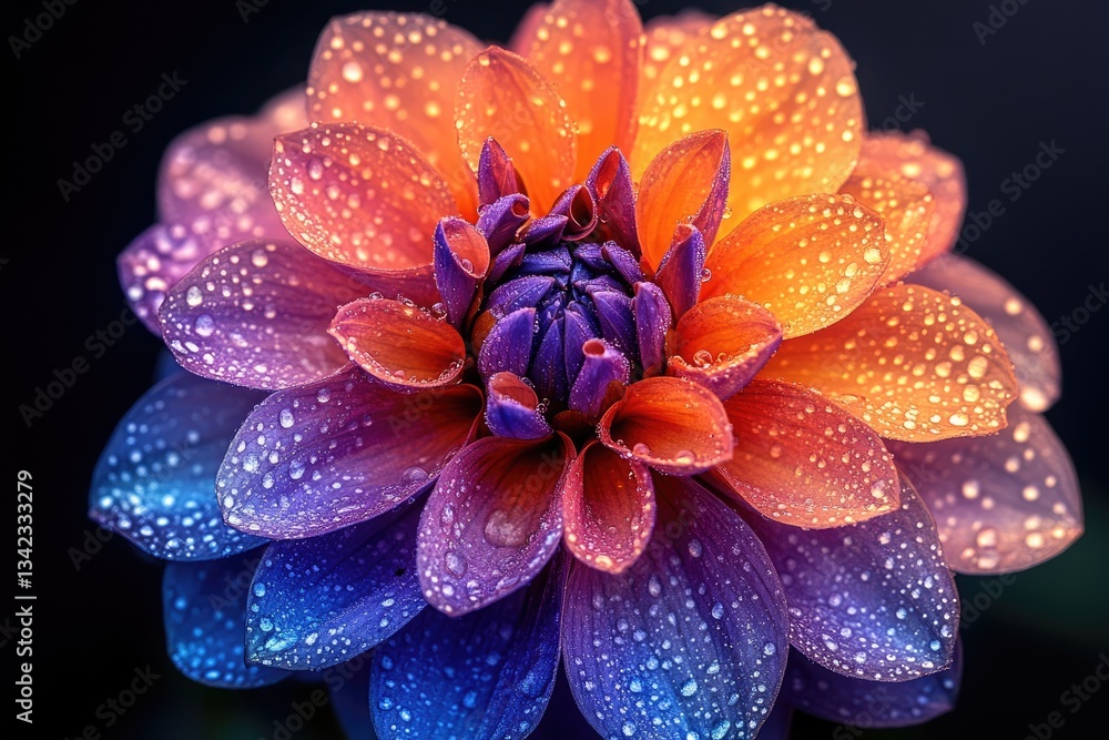 Close-up of a vibrant dahlia flower with dew drops, showcasing a gradient of orange, pink, purple, and blue petals against a dark background Close-up of a vibrant dahlia flower with dew drops, showcasing a gradient of orange, pink, purple, and blue petals against a dark background
