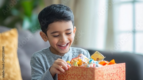 Joyful child discovering treats in a gift box during festive celebrations