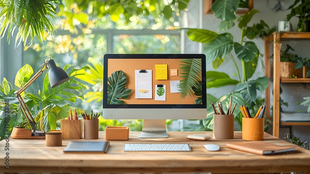 Fototapeta premium Cozy workspace, filled with plants and natural elements