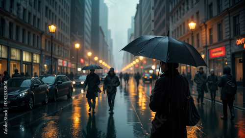 A young woman stands on a rainy city street, holding a black umbrella. The wet pavement reflects city lights, creating a moody atmosphere. Blurred pedestrians and cars in the background add depth and 