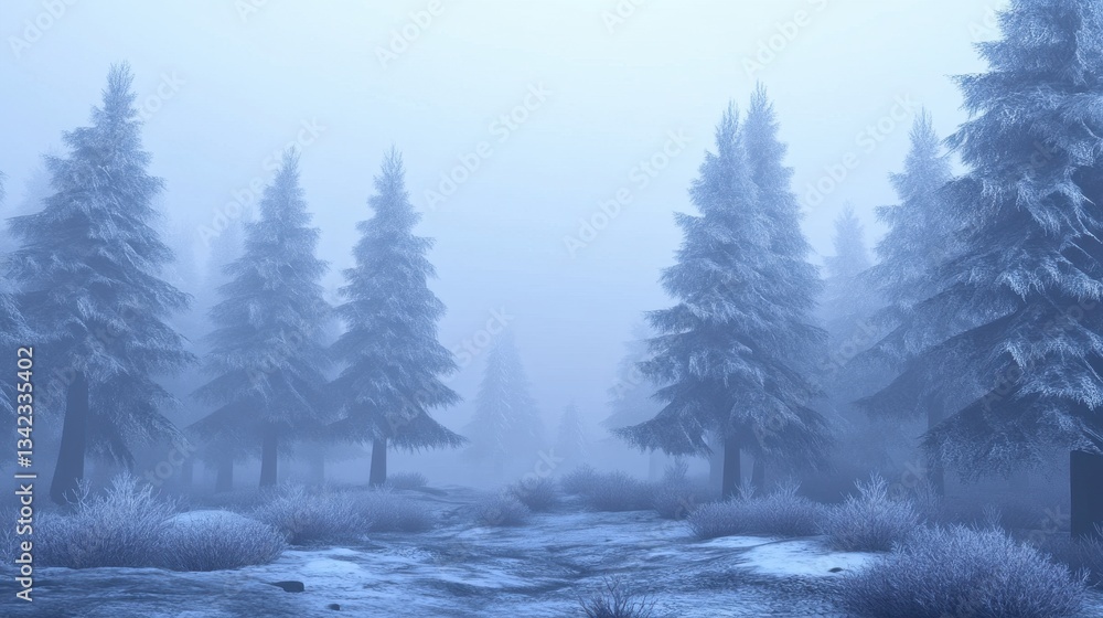 A misty winter forest scene shows snowy frosted trees and bushes A misty winter forest scene shows snowy frosted trees and bushes