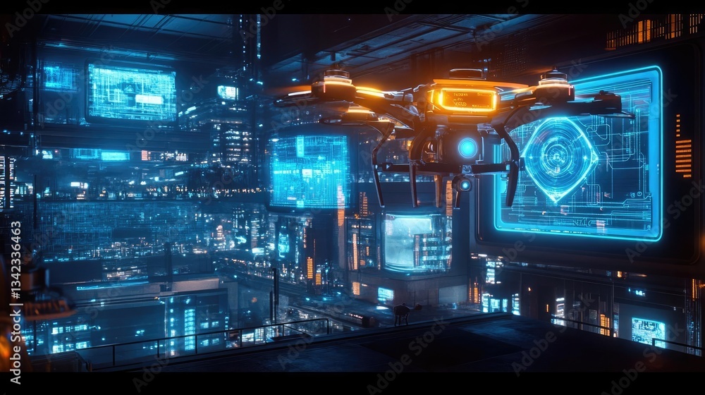Futuristic City Aerial View At Night With Bright Lights And Displays. Urban Landscape At Night. High Tech Cityscapes. Glowing Neon Lights And Digital Interfaces. Aerial Drone Flight. Modern Futuristic City Aerial View At Night With Bright Lights And Displays. Urban Landscape At Night. High Tech Cityscapes. Glowing Neon Lights And Digital Interfaces. Aerial Drone Flight. Modern