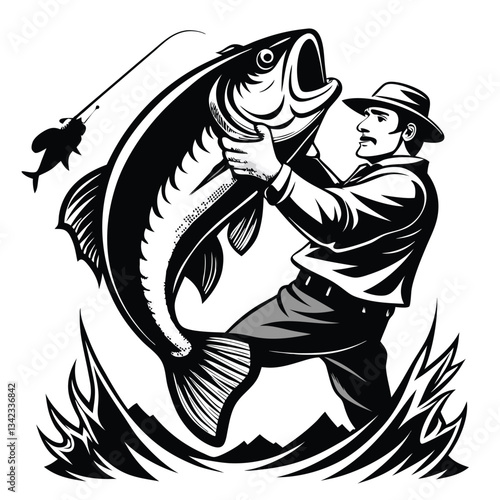 Skilled Angler Battling Colossal Bass in Captivating Black and White